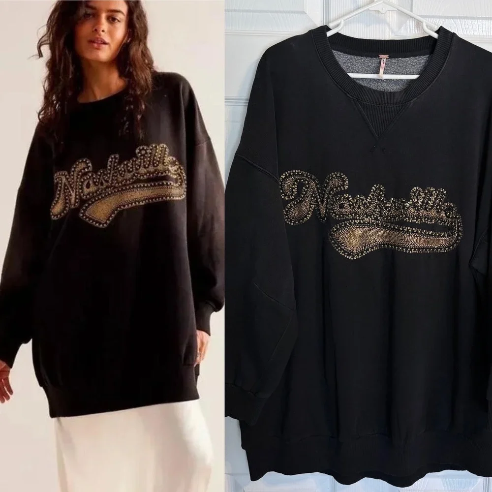 Free People Bali Drifter Sweatshirt M Black Nashville Embellished Oversized